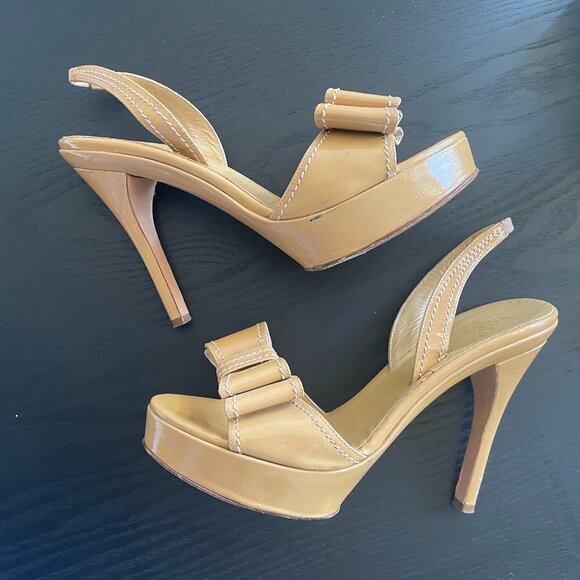 Valentino Patent Leather Bow Accents High Heel Pump Sandals with Ankle Straps - Picture 4 of 5